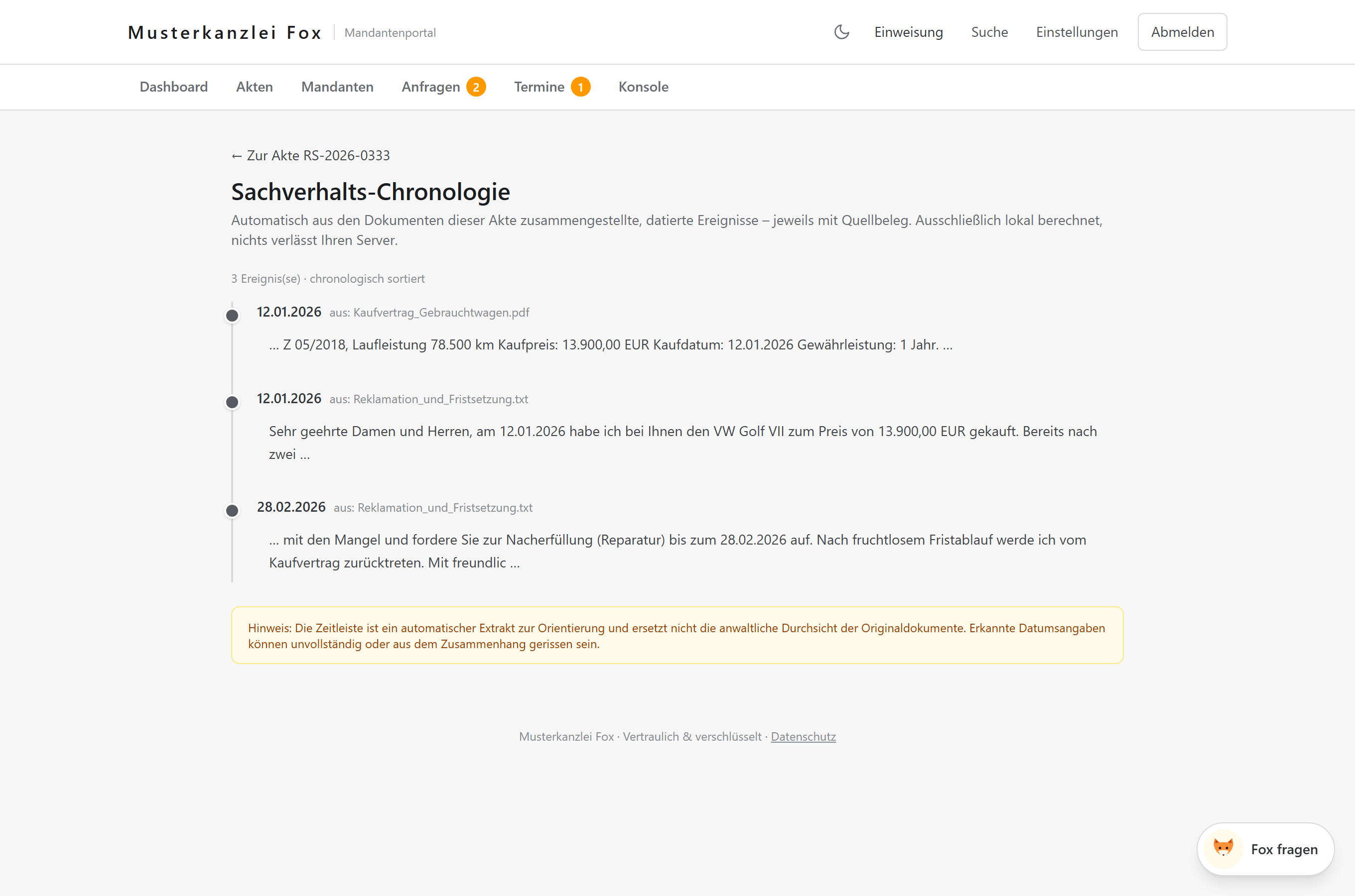 Sachverhalts-Chronologie in kanzleifox