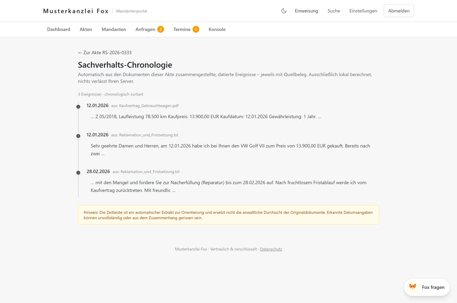Sachverhalts-Chronologie in kanzleifox
