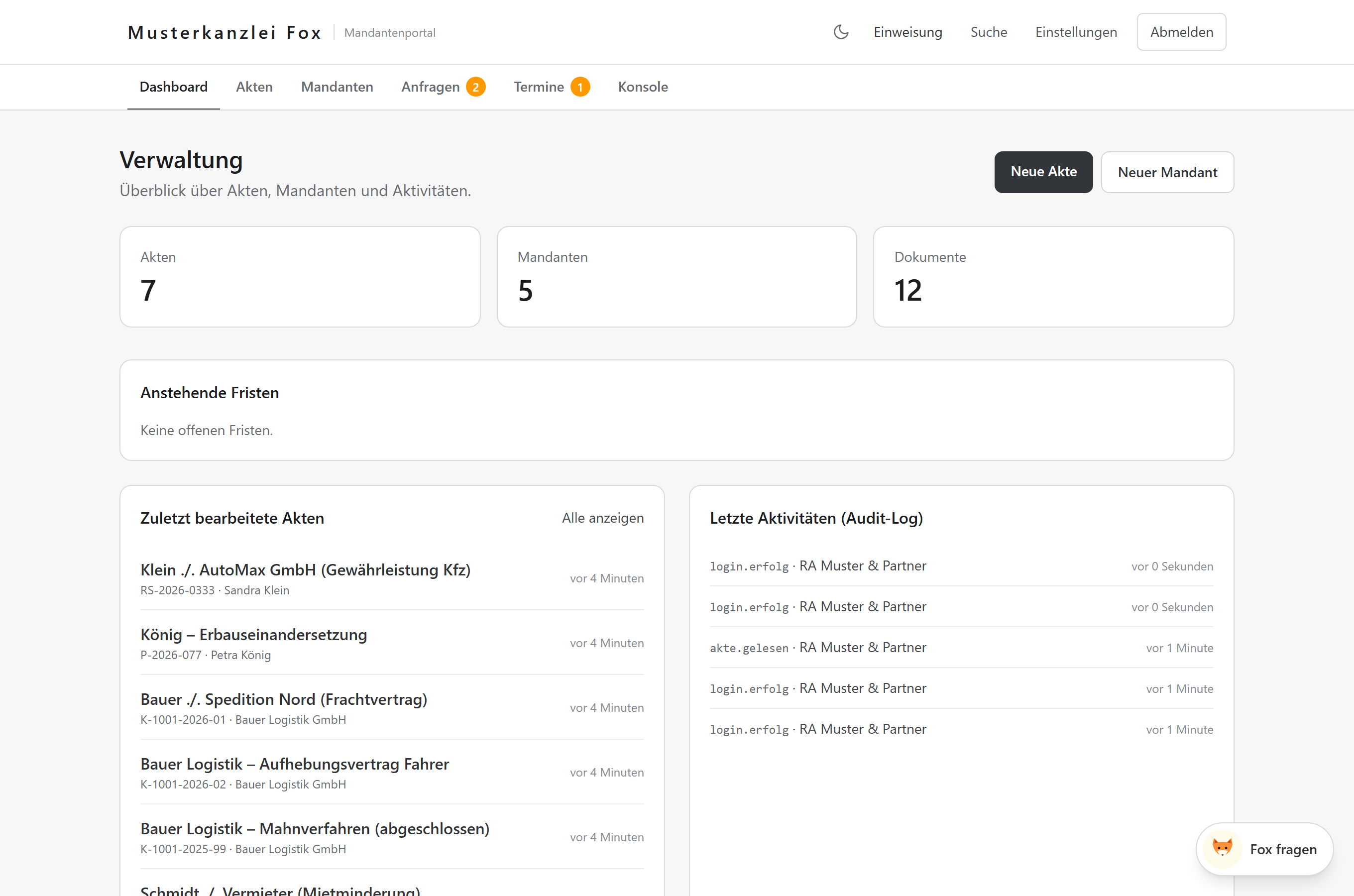 Dashboard von kanzleifox